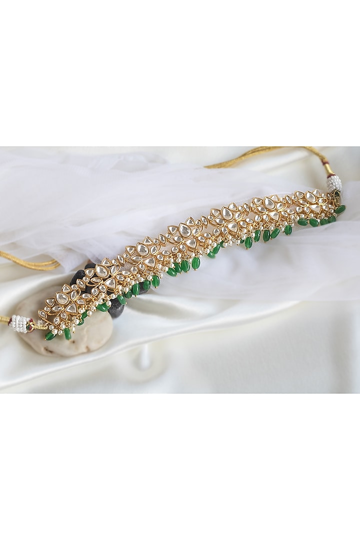 Gold Finish Kundan & Green Beaded Necklace by Nepra By Neha Goel