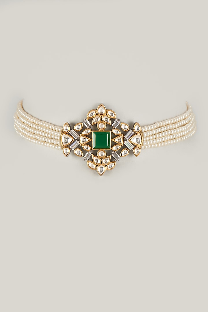 Two Tone Finish Kundan Polki & Emerald Stone Choker Necklace by Nepra By Neha Goel