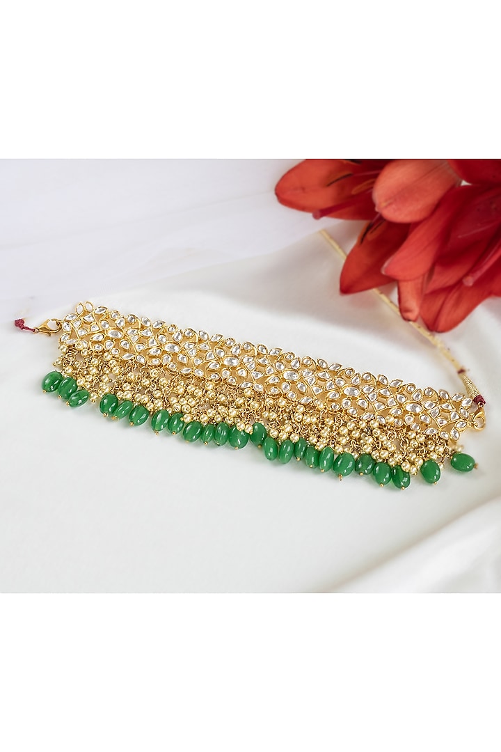 Gold Finish Kundan Polki & Pearls Choker Necklace by Nepra By Neha Goel