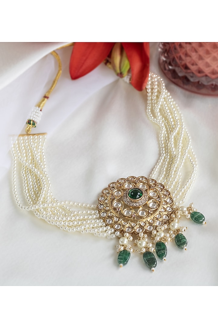 Gold Finish Kundan Polki & Green Drops Choker Necklace by Nepra By Neha Goel