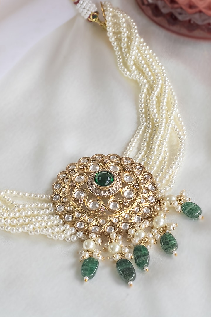 Gold Finish Kundan Polki & Green Drops Choker Necklace by Nepra By Neha Goel at Pernia's Pop Up Shop