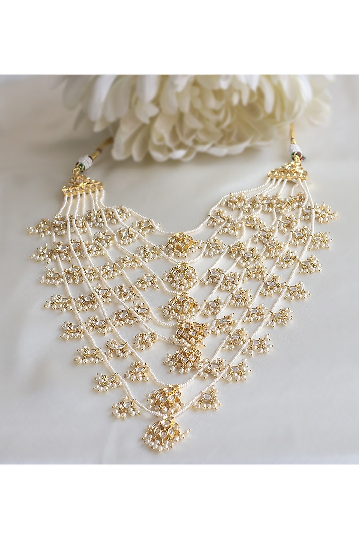 Gold Finish Kundan & White Pearls Long Necklace by Nepra By Neha Goel