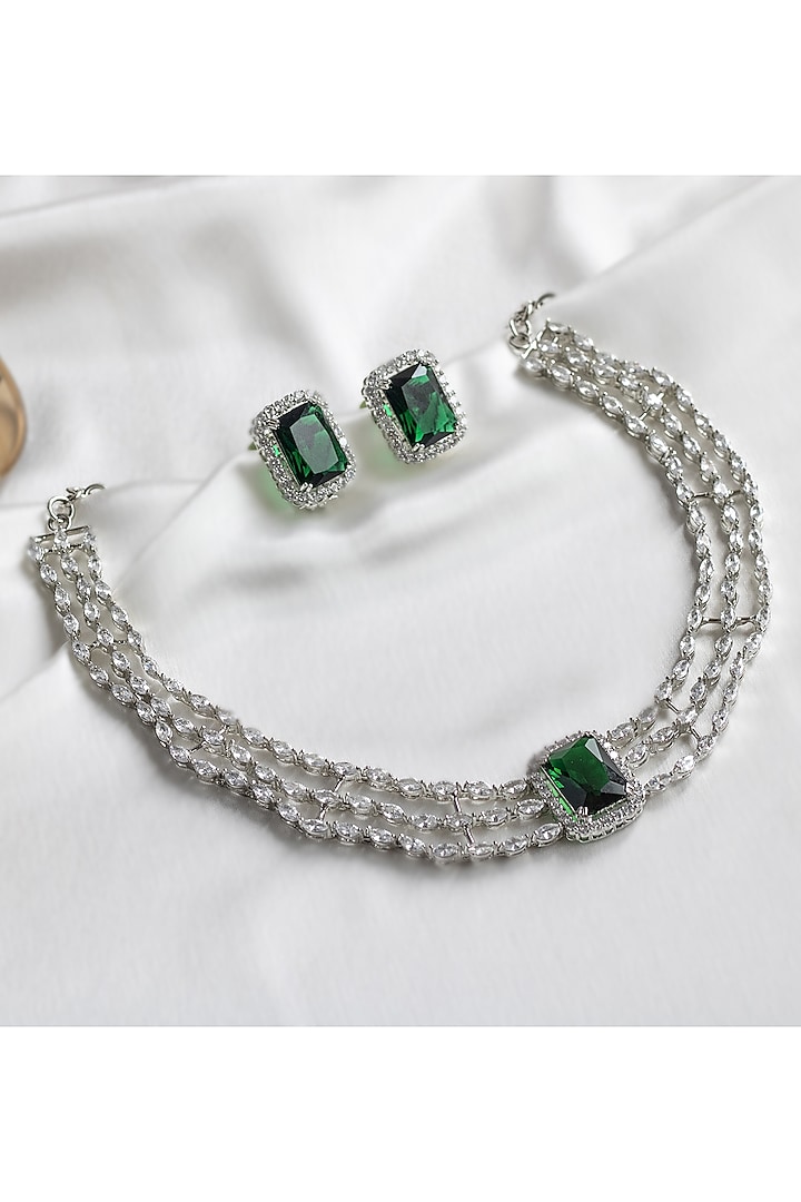 White Finish Diamond & Green Stones Necklace Set by Nepra By Neha Goel