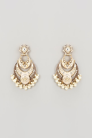 Gold Finish Pink Enameled Kundan Polki Chandbali Earrings by Nepra By Neha Goel