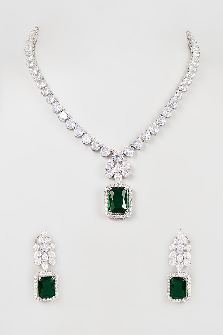 White Finish Faux Diamond and Emerald Necklace Set by Nepra By Neha Goel