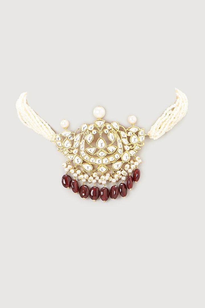 Gold Finish Red Kundan Polki Choker Necklace by Nepra By Neha Goel