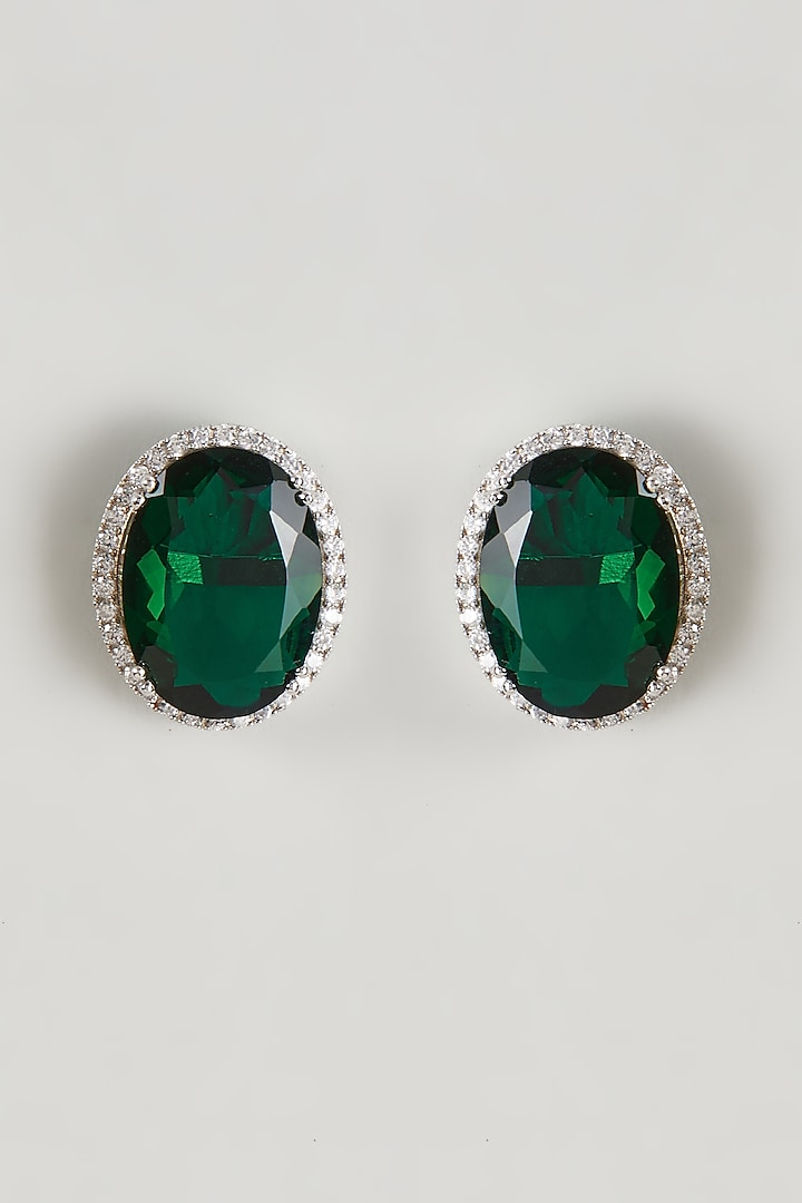 White Rhodium Finish Zircon & Emerald Synthetic Stone Stud Earrings by Nepra By Neha Goel at Pernia's Pop Up Shop