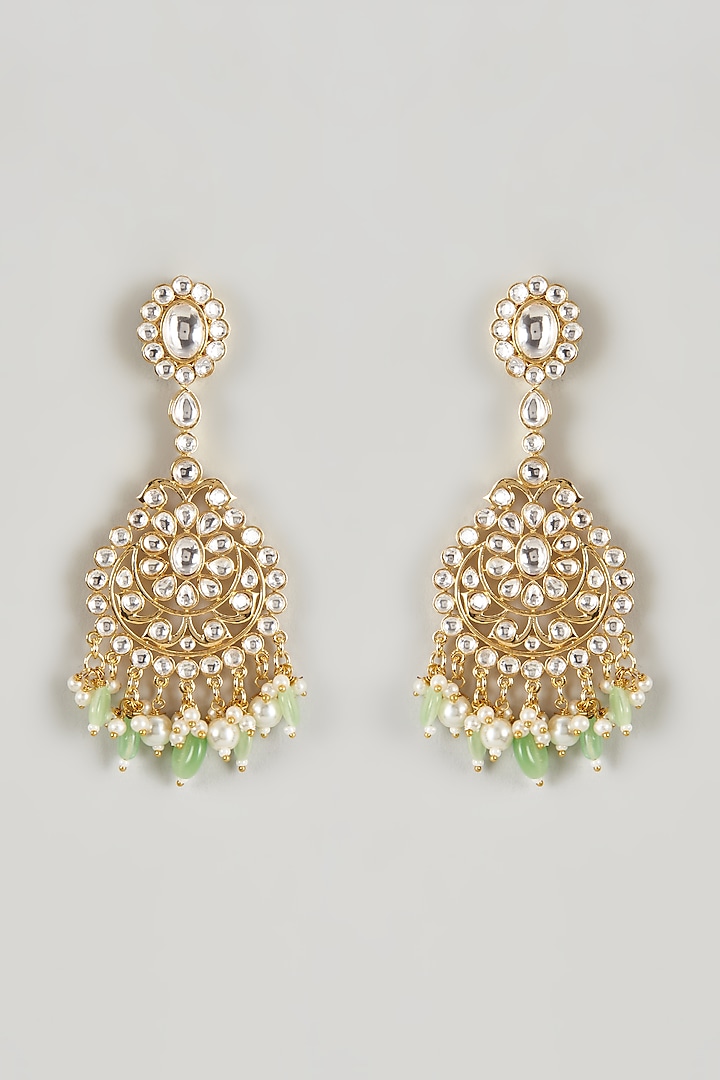 Gold Plated Kundan Polki & Emerald Synthetic Stone Chandbali Earrings by Nepra By Neha Goel at Pernia's Pop Up Shop