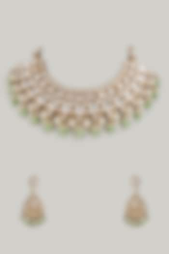 Gold Plated Kundan Polki & Emerald Synthetic Stone Choker Necklace Set by Nepra By Neha Goel at Pernia's Pop Up Shop