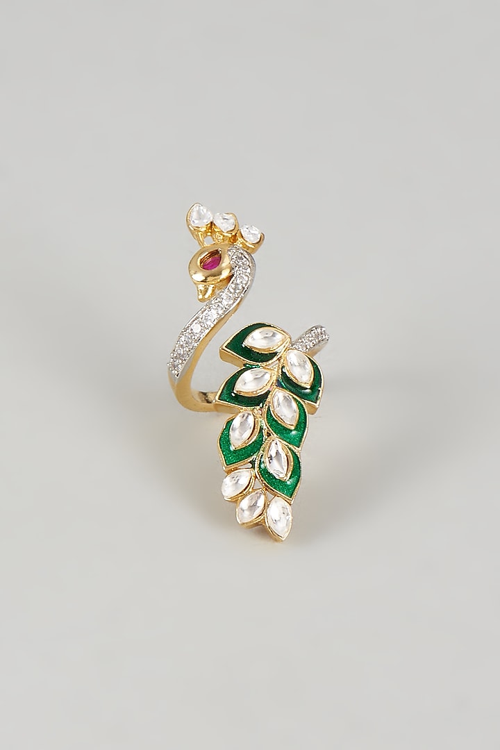 Gold Plated Kundan Polki Green Enameled Ring by Nepra By Neha Goel at Pernia's Pop Up Shop