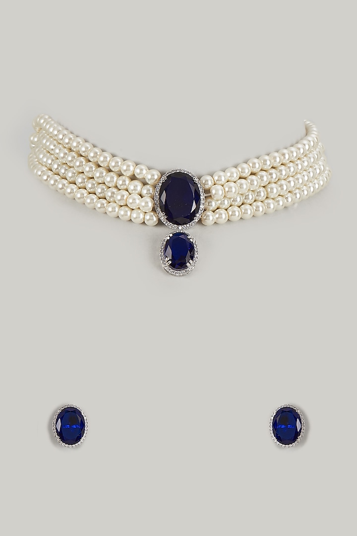 White Rhodium Finish Sapphire Synthetic Stone Choker Necklace Set by Nepra By Neha Goel at Pernia's Pop Up Shop