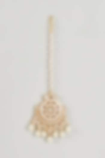 Gold Plated Kundan Polki & Pearl Hanging Maang Tikka by Nepra By Neha Goel at Pernia's Pop Up Shop