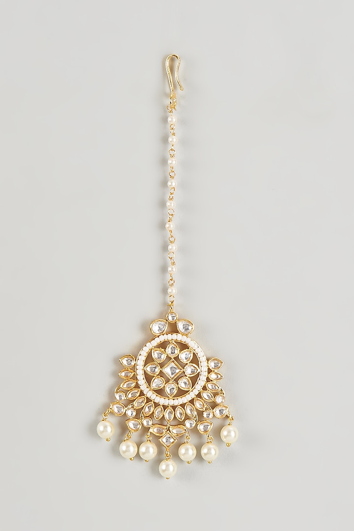 Gold Plated Kundan Polki & Pearl Hanging Maang Tikka by Nepra By Neha Goel at Pernia's Pop Up Shop