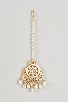 Gold Plated Kundan Polki & Pearl Hanging Maang Tikka by Nepra By Neha Goel-MAANG TIKKA