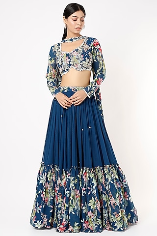 Navy Blue Embroidered Lehenga Set by Nea by Nikita Tiwari
