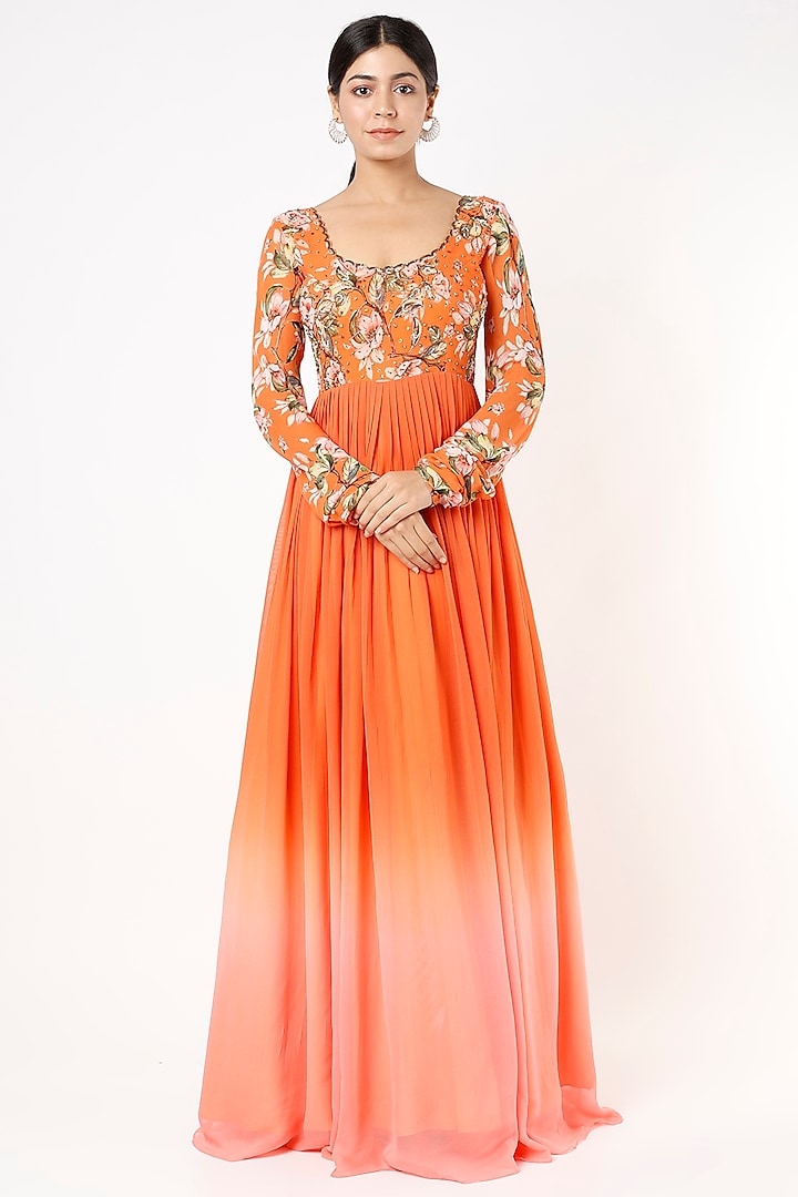 Orange Embroidered Anarkali Gown by Nea by Nikita Tiwari