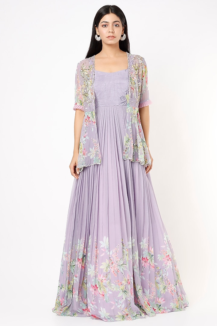 Purple Silk Embroidered Engagement Gown by Nea by Nikita Tiwari at Pernia's Pop Up Shop