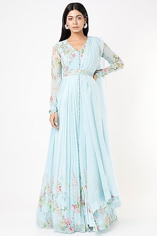 Ice Blue Embroidered Anarkali Set by Nea by Nikita Tiwari