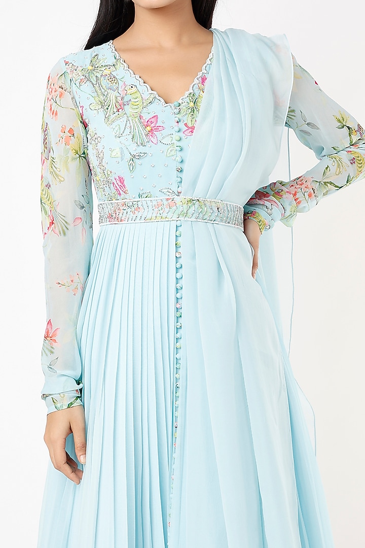 Ice Blue Embroidered Party Wear Anarkali Set by Nea by Nikita Tiwari at Pernia's Pop Up Shop