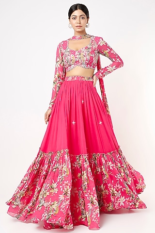 Hot Pink Georgette Embroidered Lehenga Set by Nea by Nikita Tiwari