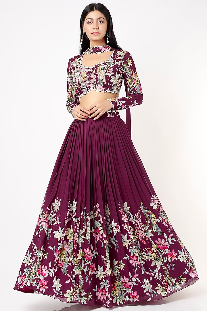 Wine Digital Printed Lehenga Set by Nea by Nikita Tiwari