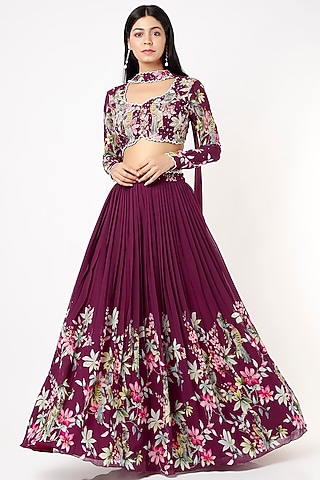 Wine Digital Printed Lehenga Set by Nea by Nikita Tiwari