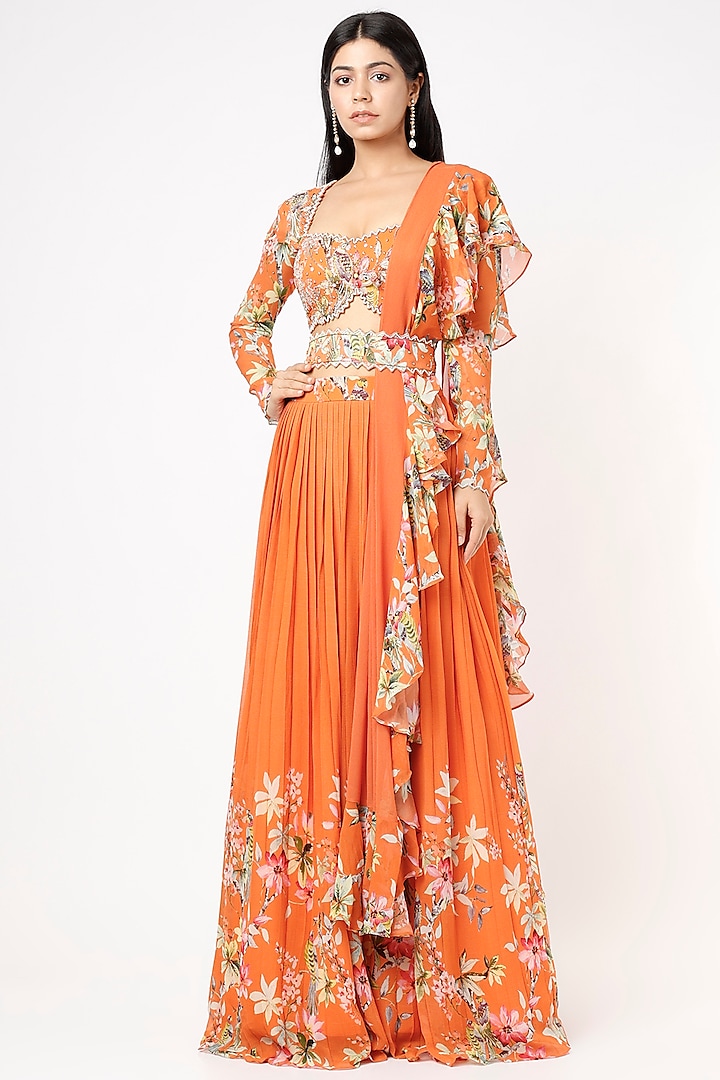 Orange Printed & Embroidered Lehenga Set by Nea by Nikita Tiwari