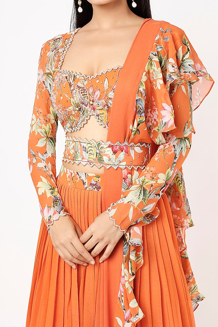 Orange Printed & Embroidered Wedding Lehenga Set by Nea by Nikita Tiwari at Pernia's Pop Up Shop