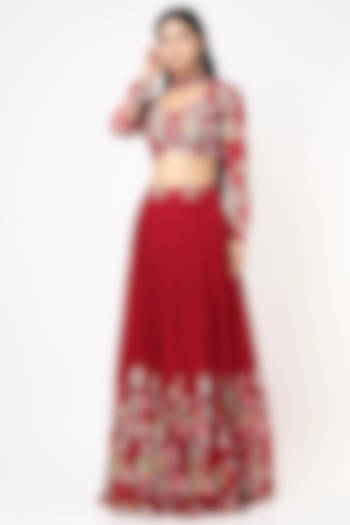 Red Georgette Embroidered Lehenga Set by Nea by Nikita Tiwari