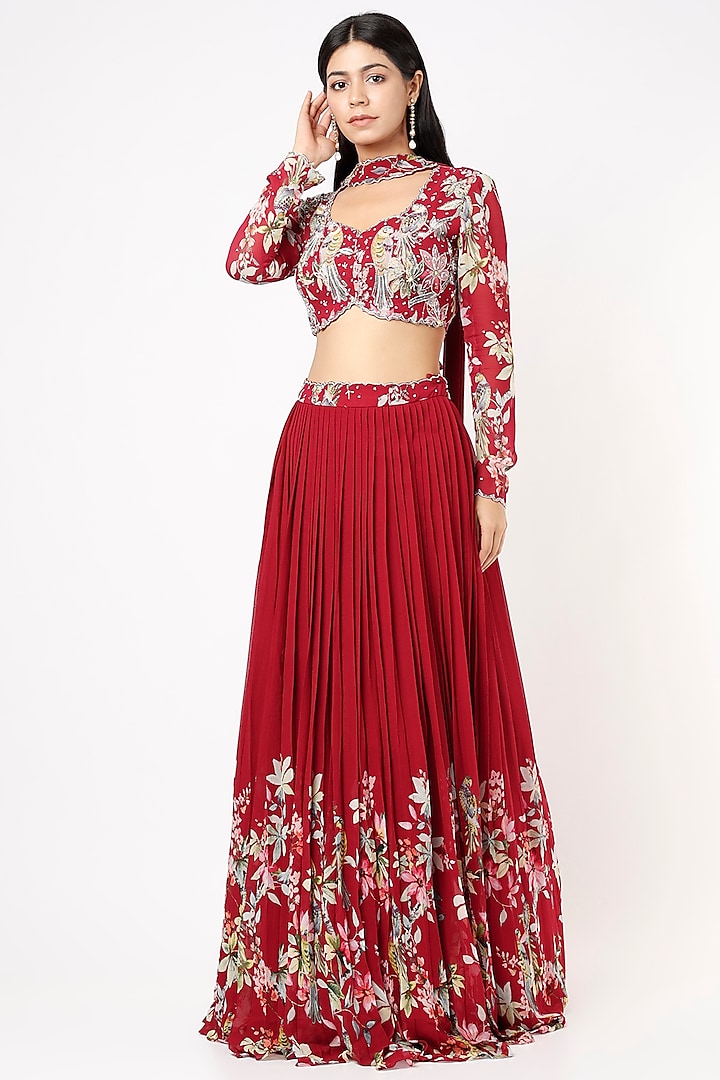 Red Georgette Embroidered Wedding Lehenga Set by Nea by Nikita Tiwari at Pernia's Pop Up Shop