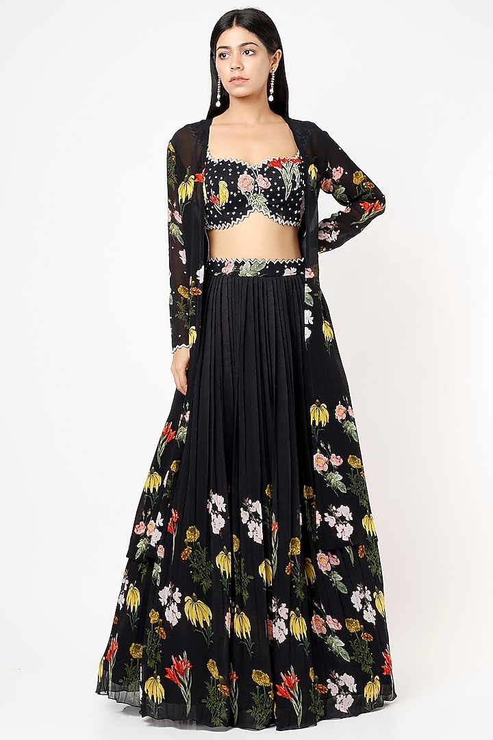 Black Georgette Embroidered Lehenga Set by Nea by Nikita Tiwari