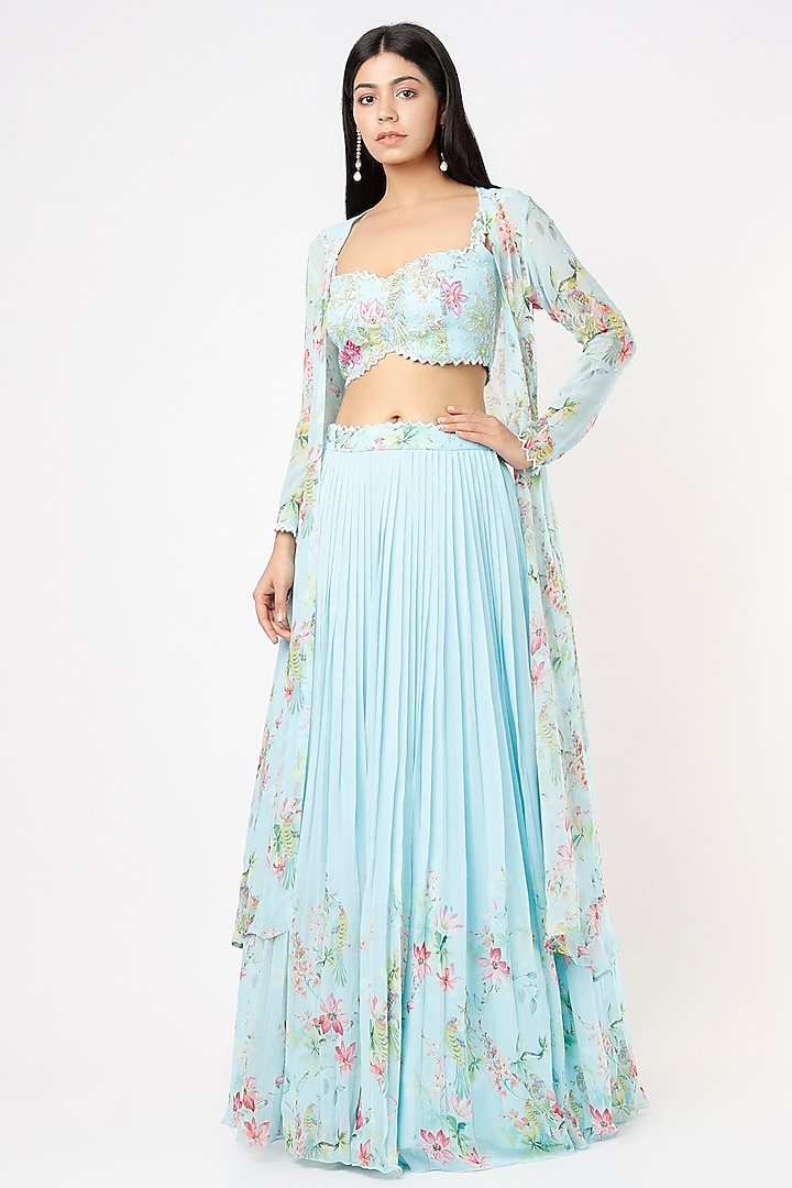 Ice Blue Georgette Embroidered Lehenga Set by Nea by Nikita Tiwari