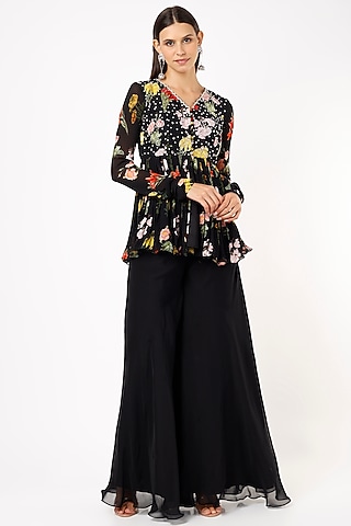 Black Viscose Georgette Pant Set by Nea by Nikita Tiwari