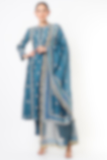 Cobalt Blue Embroidered A-Line Kurta Set by Vritti by Shweta Agarwal at Pernia's Pop Up Shop