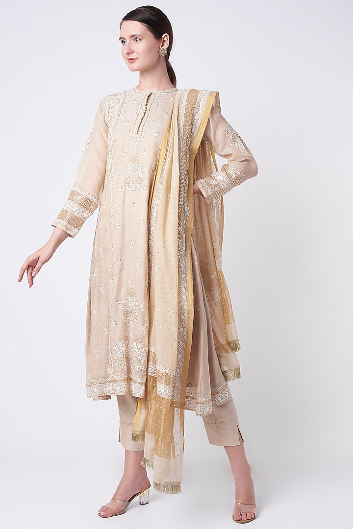 Beige Embroidered A-Line Kurta Set by Vritti by Shweta Agarwal at Pernia's Pop Up Shop