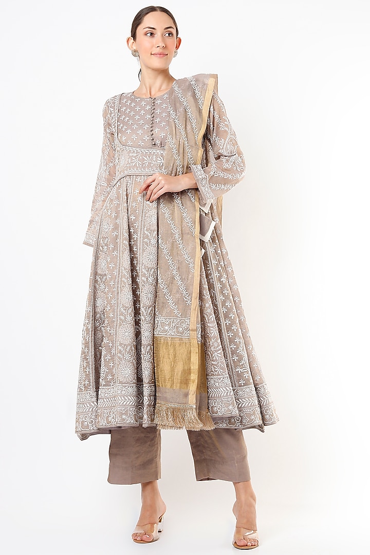 Grey Chikankari Embroidered Anarkali Set by Vritti by Shweta Agarwal