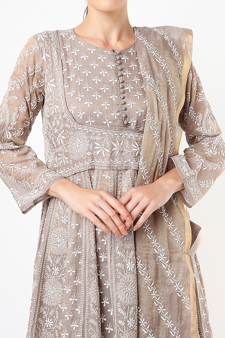Grey Chikankari Embroidered Wedding Anarkali Set by Vritti by Shweta Agarwal at Pernia's Pop Up Shop