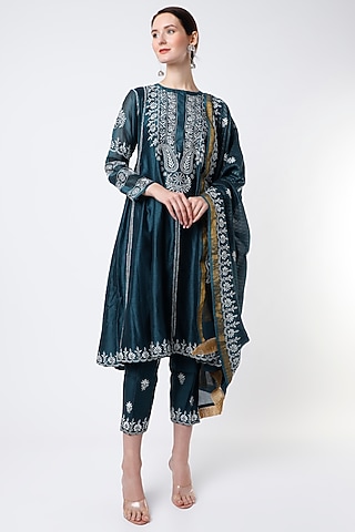 Opal Blue Embroidered Short Anarkali Set by Vritti by Shweta Agarwal