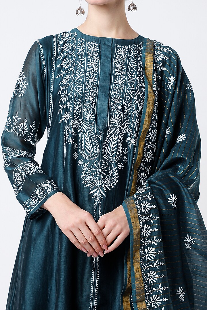 Opal Blue Embroidered Short Party Wear Anarkali Set by Vritti by Shweta Agarwal at Pernia's Pop Up Shop