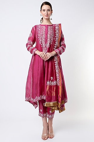 Deep Pink Embroidered Short Anarkali Set by Vritti by Shweta Agarwal