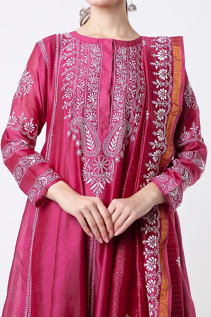 Deep Pink Embroidered Short Party Wear Anarkali Set by Vritti by Shweta Agarwal at Pernia's Pop Up Shop