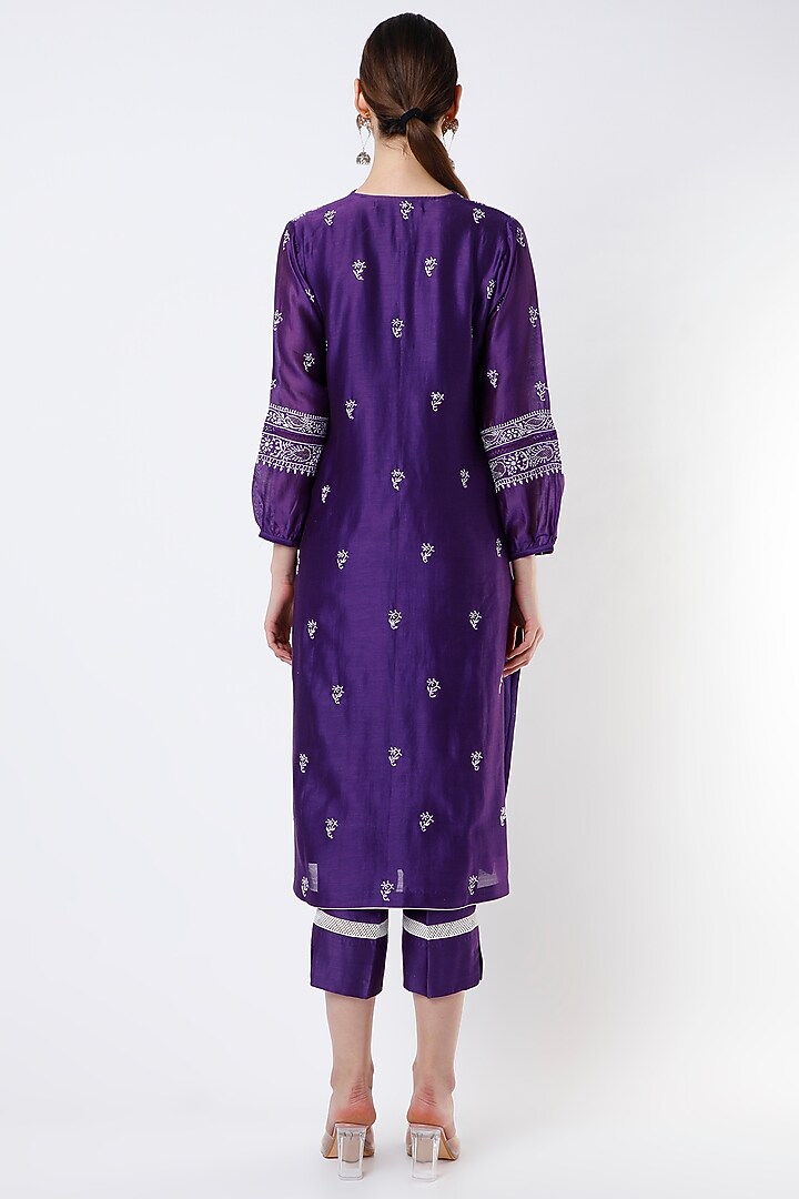 Dark Plum Purple Embroidered Straight Kurta Set by Vritti by Shweta Agarwal at Pernia's Pop Up Shop
