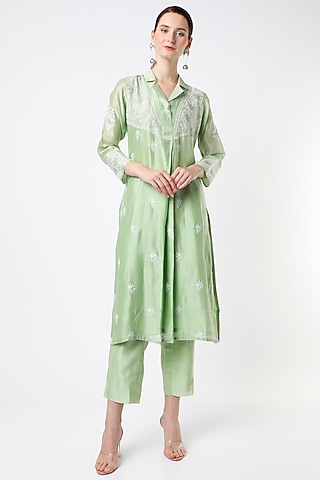 Pastel Mint Embroidered Straight Kurta Set by Vritti by Shweta Agarwal
