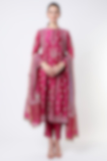 Deep Pink Embroidered A-Line Kurta Set by Vritti by Shweta Agarwal at Pernia's Pop Up Shop