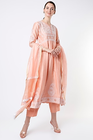 Salmon Peach Embroidered Anarkali Set by Vritti by Shweta Agarwal
