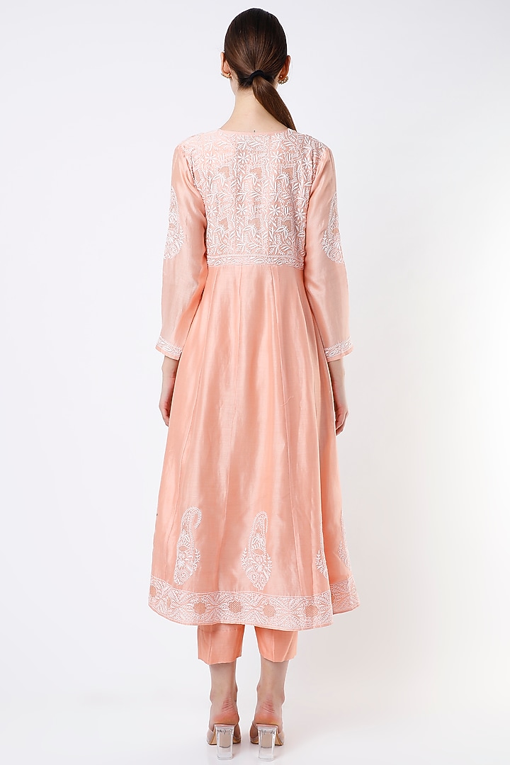 Salmon Peach Embroidered Party Wear Anarkali Set by Vritti by Shweta Agarwal at Pernia's Pop Up Shop