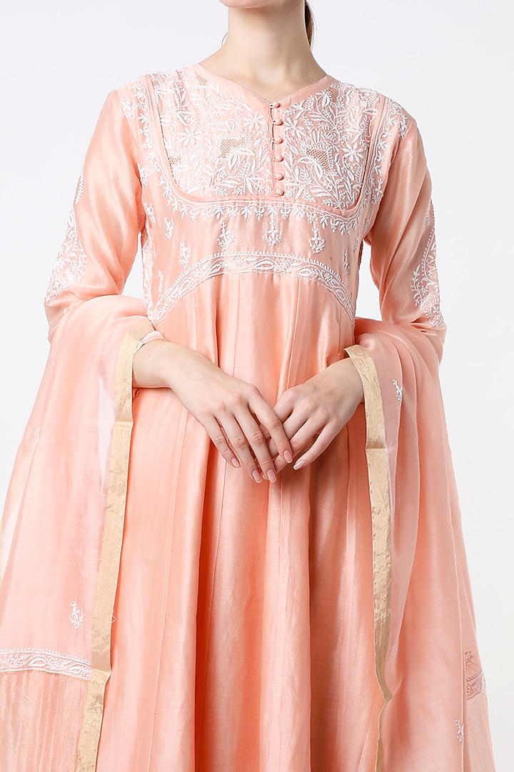 Salmon Peach Embroidered Party Wear Anarkali Set by Vritti by Shweta Agarwal at Pernia's Pop Up Shop