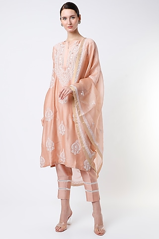 Tropical Peach Embroidered Straight Kurta Set by Vritti by Shweta Agarwal