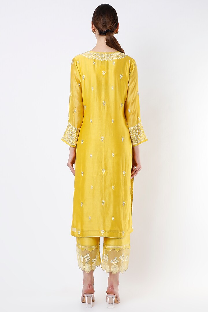 Cadmium Yellow Emroidered Straight Kurta Set by Vritti by Shweta Agarwal at Pernia's Pop Up Shop