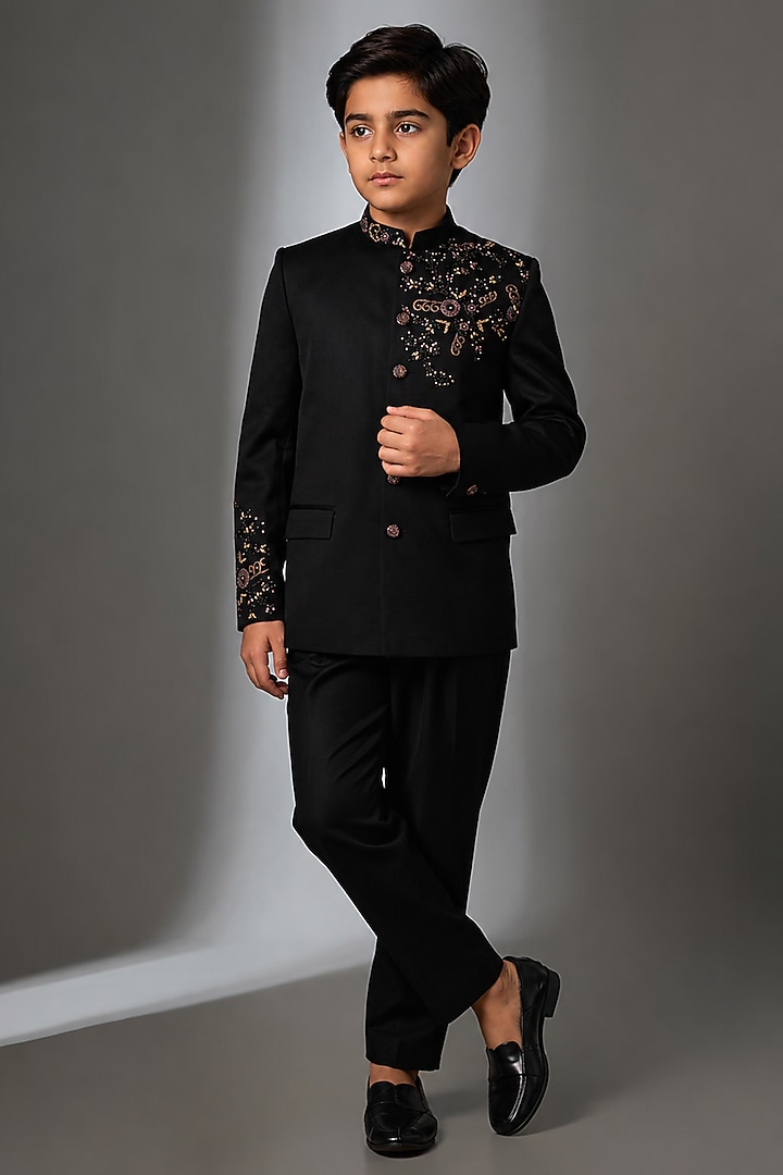 Black Linen Silk Hand Work Jodhpuri Bandhgala Set For Boys by Nero by Shaifali & Satya Kids at Pernia's Pop Up Shop